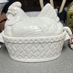 Vintage white ceramic nesting hen soup tureen with ladle, farmhouse, French